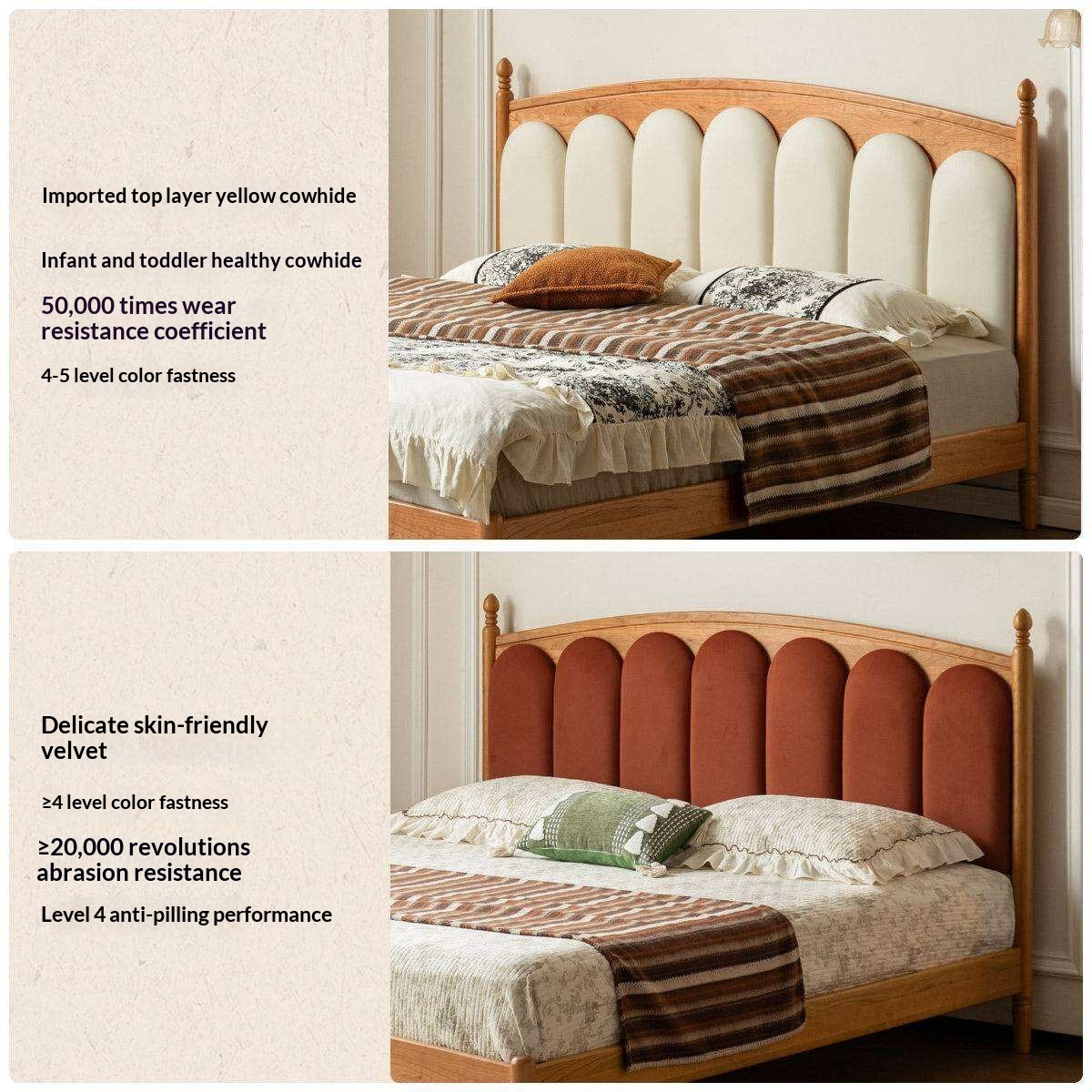 Cherry Solid Wood Genuine Leather, Velvet French-Inspired Scalloped Headboard Bed