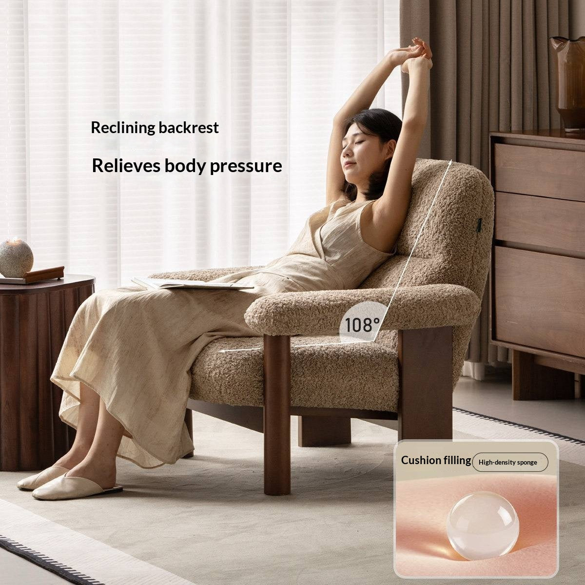 Beech Solid Wood Reclining Lounge Chair with Wide Armrests and Thick Wood Block Legs