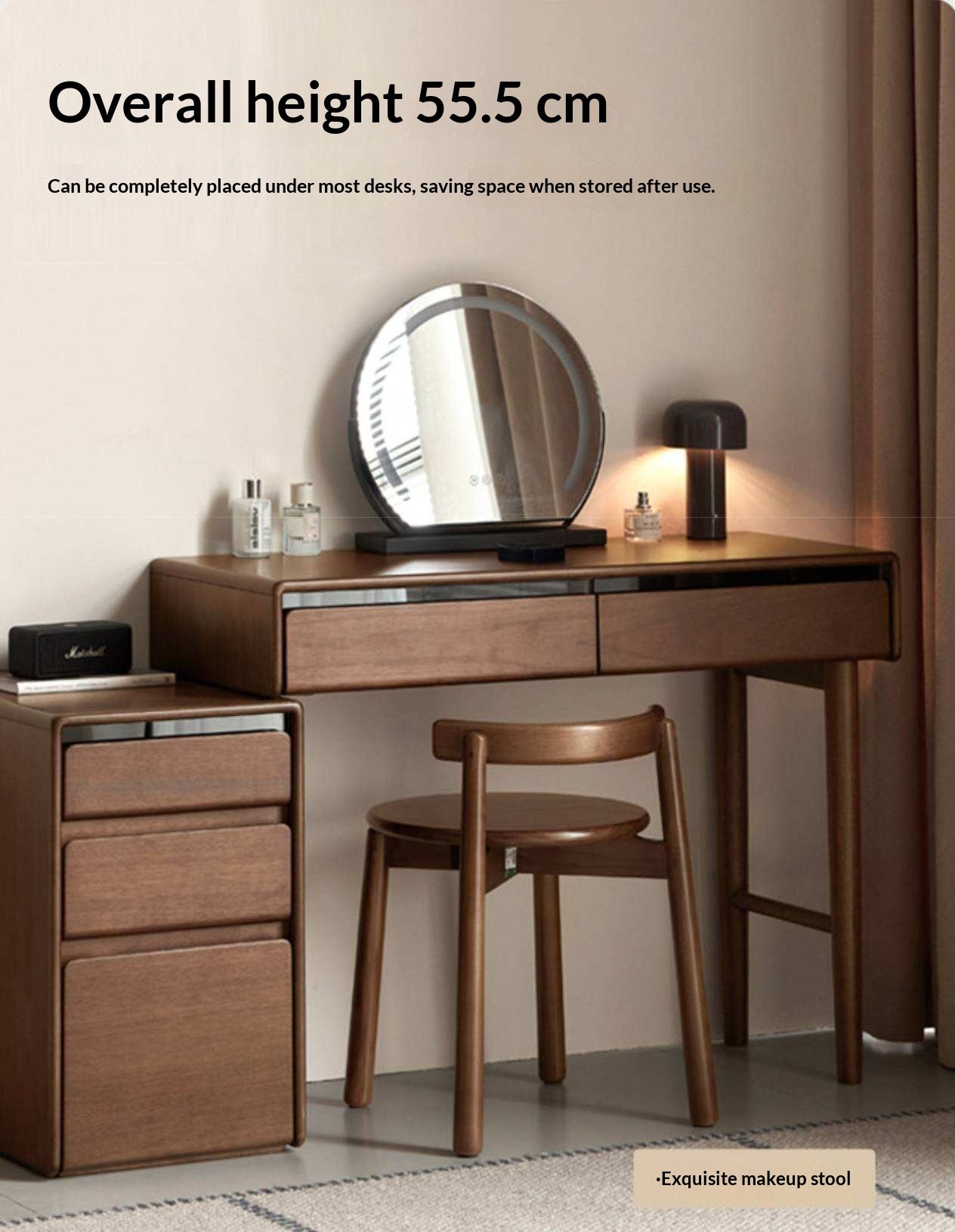 Black Walnut, Oak Solid Wood Low Back Makeup Stool with Round Seat