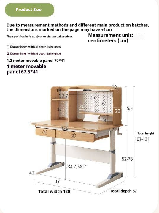 Beech Solid Wood Height-Adjustable Kids Desk with Bookshelf Hutch
