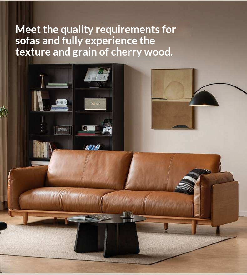 Cherry Wood Contemporary Casual Sofa Genuine Leather, Fabric