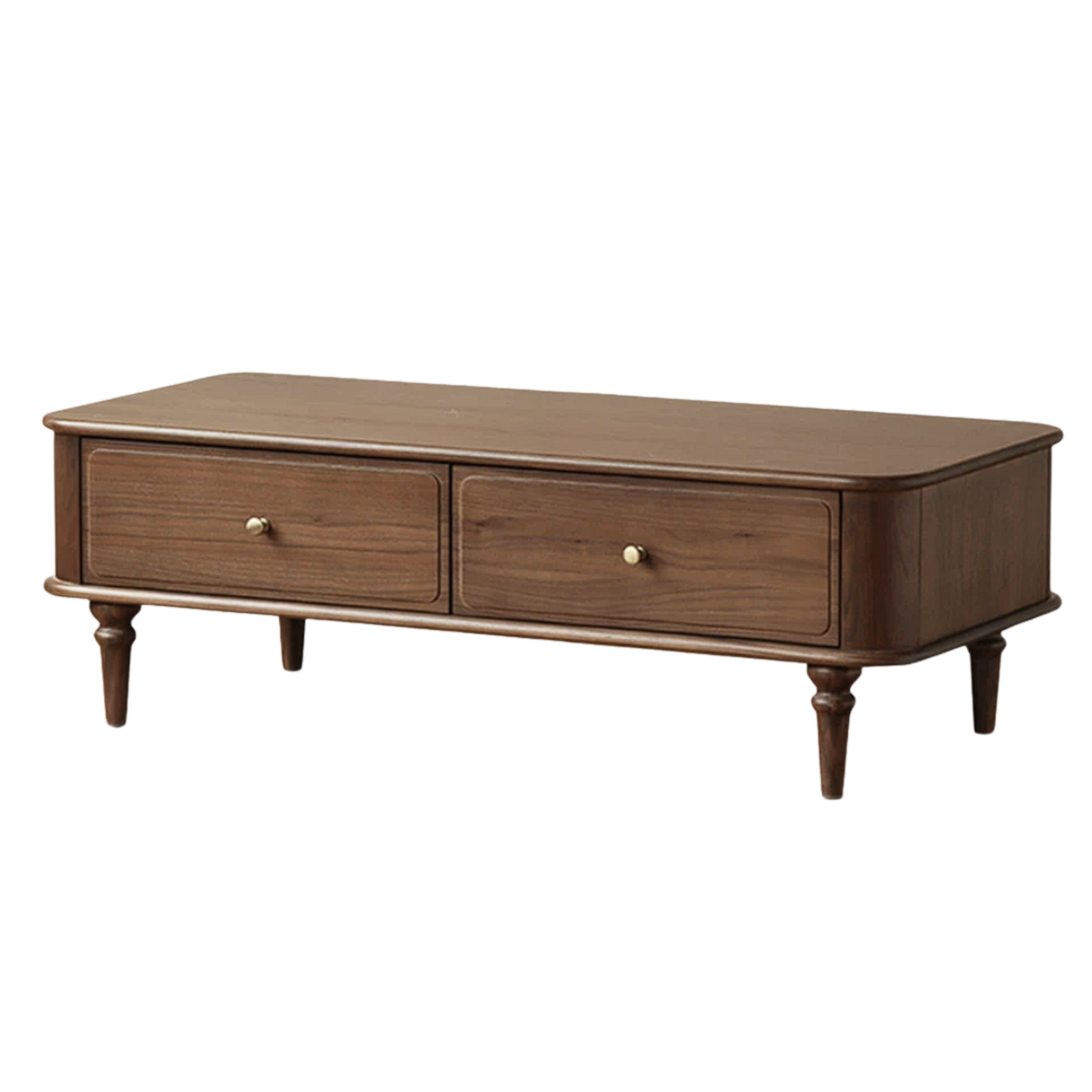 Black Walnut Solid Wood Traditional Coffee Table with Two Drawers and Turned Legs