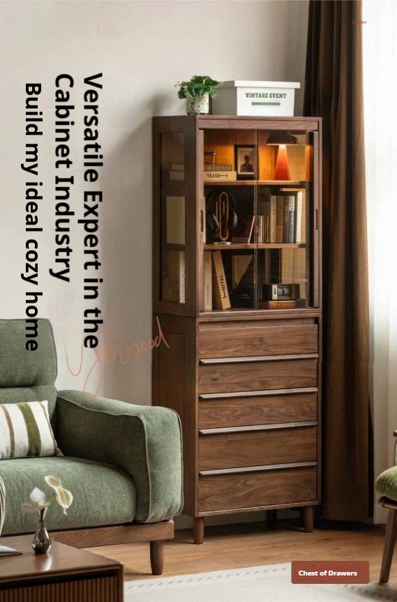 Black Walnut Solid Wood display side cabinet with drawers