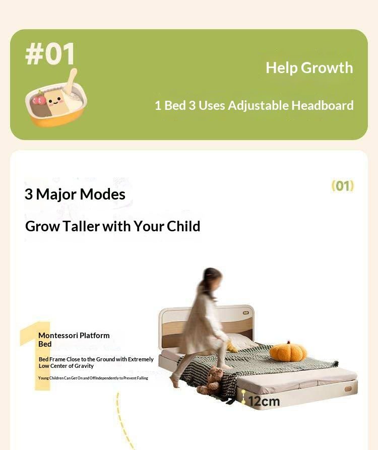 Rubberwood Solid Wood Kids Montessori Platform Bed with Adjustable Headboard, Warm White