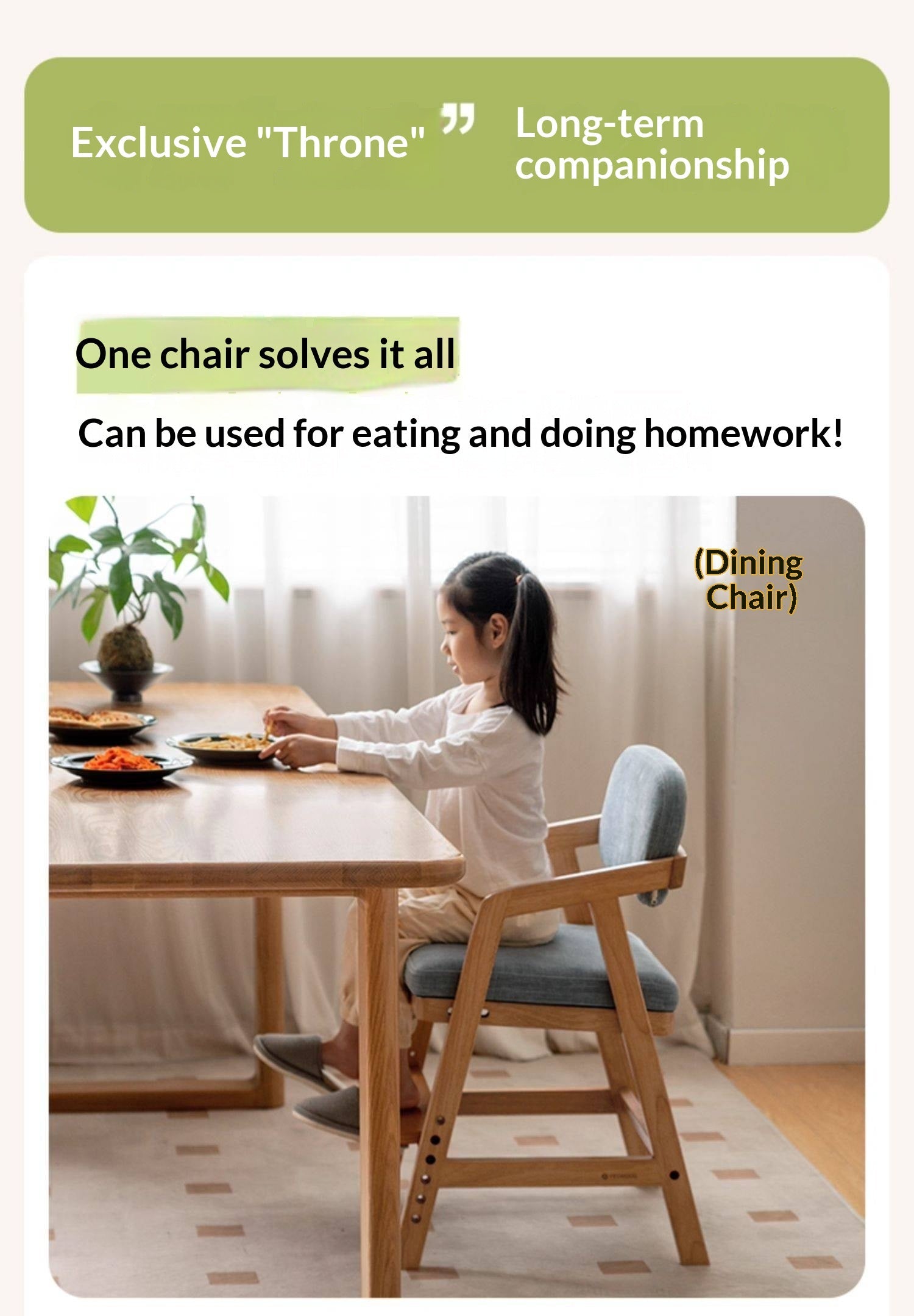 Solid Rubberwood Nordic Style Kids Chair with Adjustable Armrest