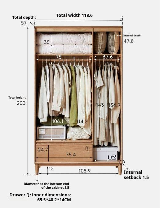 Oak Solid Wood Wardrobe Armoire with Hidden Groove Pulls and Raised Legs