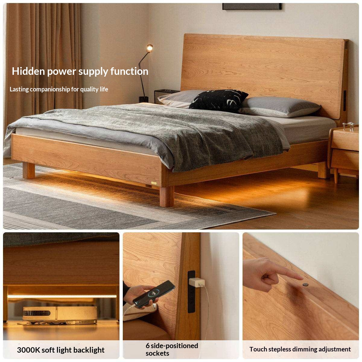 Cherry Solid Wood Bed Modern Minimalist Luminous Bed
