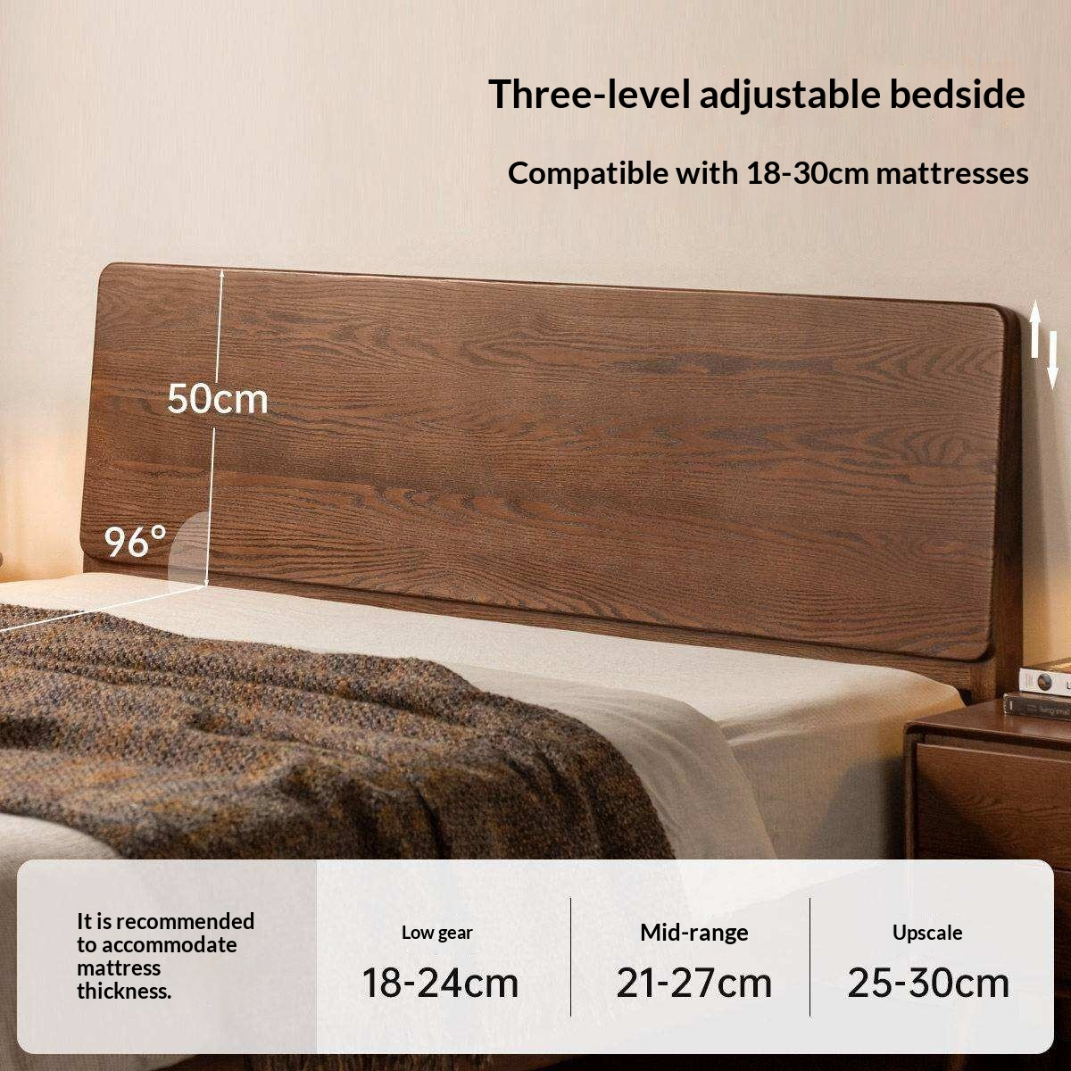 Oak Solid Wood Bed Platform Bed with Rectangular Panel Headboard and Tapered Legs
