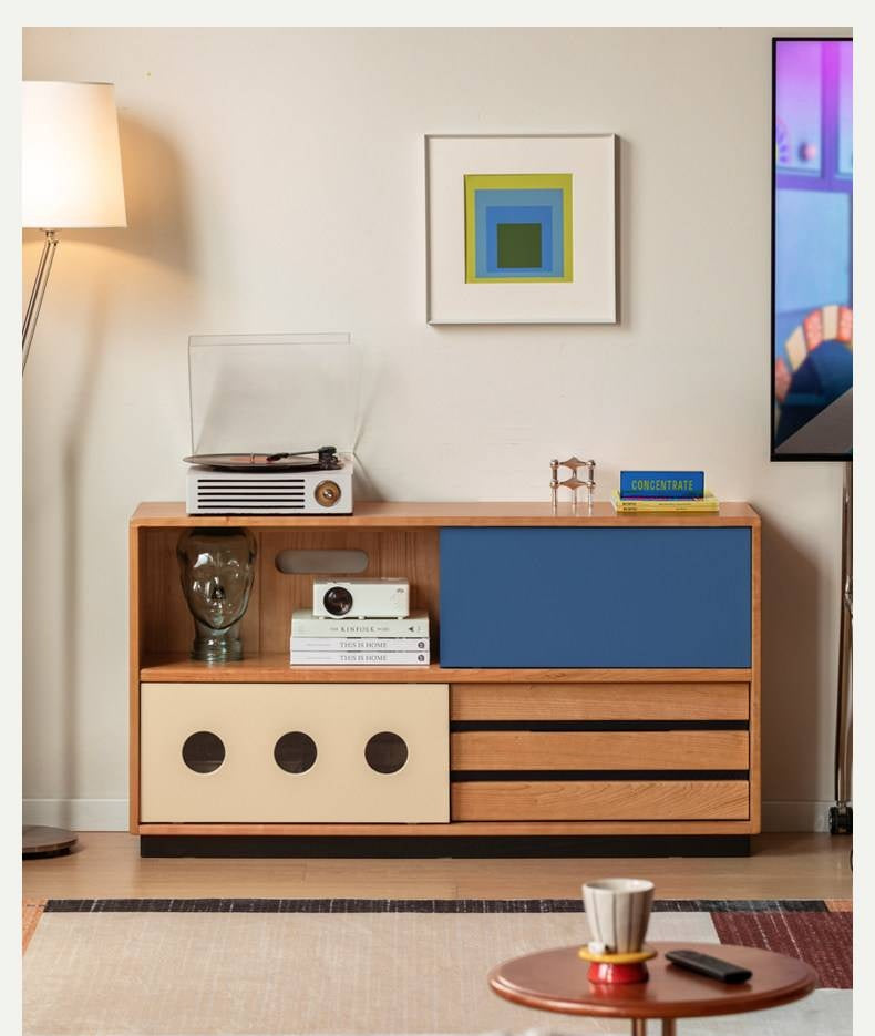 Cherry Solid Wood Vintage TV Stand with Wall-Mounted Tall Cabinet Design