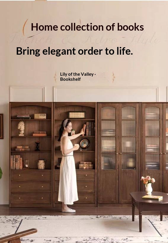 Black Walnut Solid Wood Bookshelf and Display Cabinet with Vintage French Profile