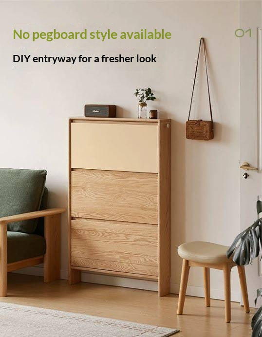 Oak Solid Wood Ultra-Thin Shoe Cabinet with Flip Door and Modern Entrance Design