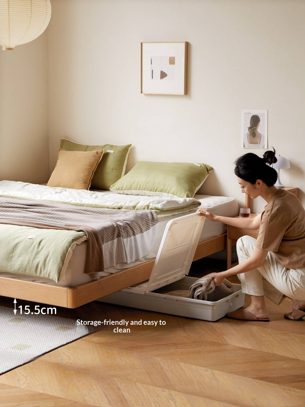 Beech Solid Wood Modern Minimalist Floating Platform Bed — Headboard-Free