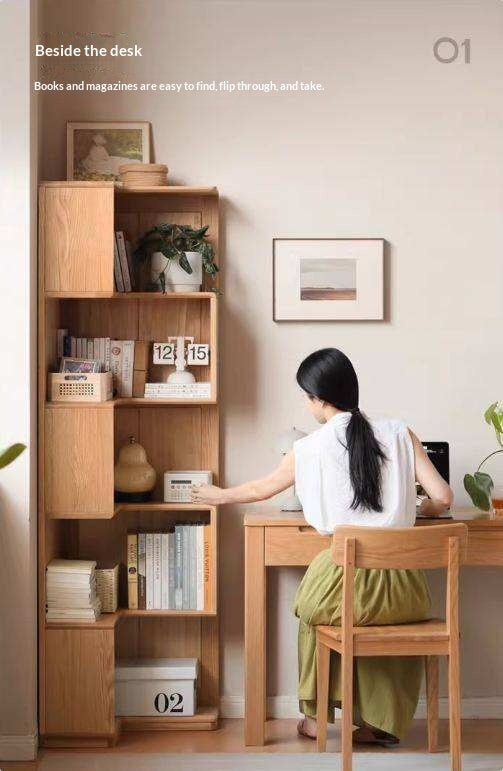 Oak Solid Wood Corner Bookshelf with Floor-Standing Storage Cabinet