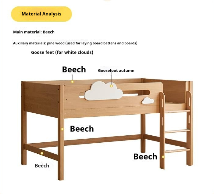 Beech Solid Wood Children's Loft Bed with Under-Table and Storage