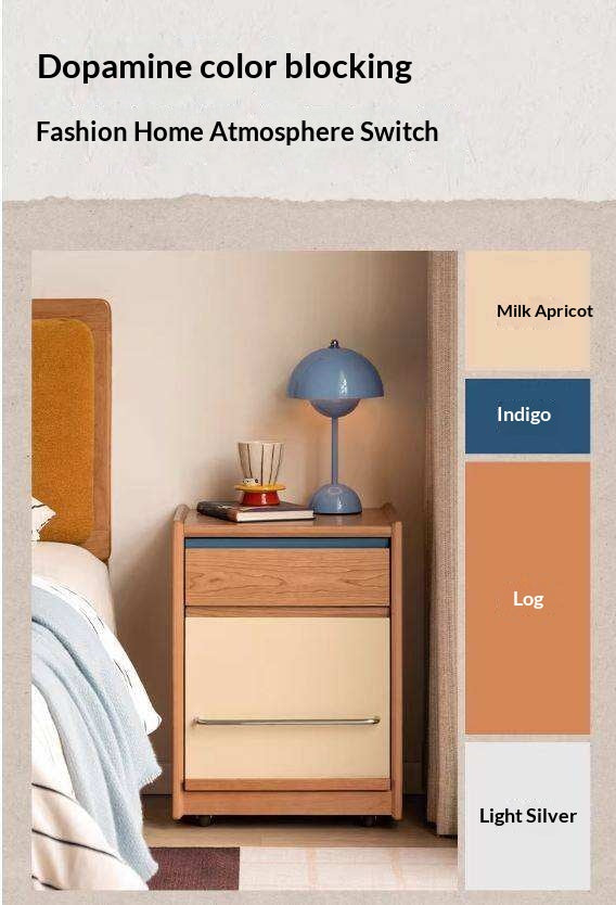 Cherry Solid Wood Nightstand with Storage Drawer and Magazine Holder with Wheels