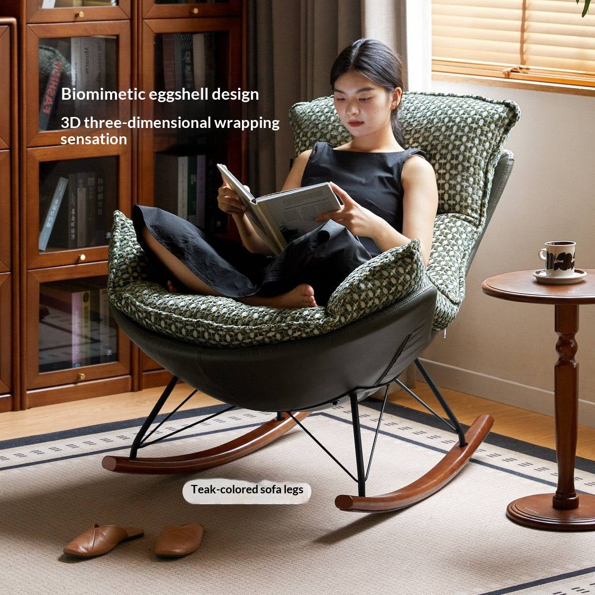 Egg Shell Rocking Lounge Chair with Upholstered Cocoon Seat and Metal Frame With Beech Legs