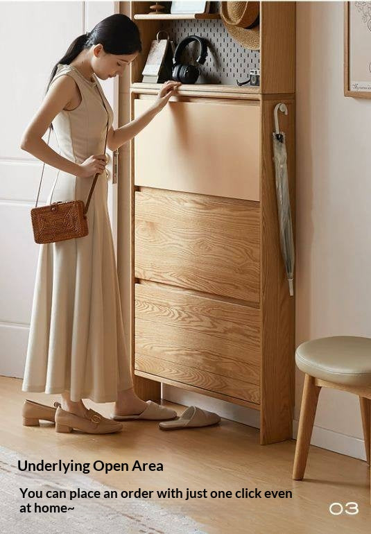Oak Solid Wood Ultra-Thin Shoe Cabinet with Flip Door and Modern Entrance Design