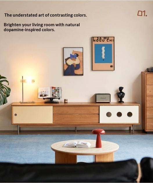 Cherry Solid Wood Bauhaus TV Stand with Color-Block Storage