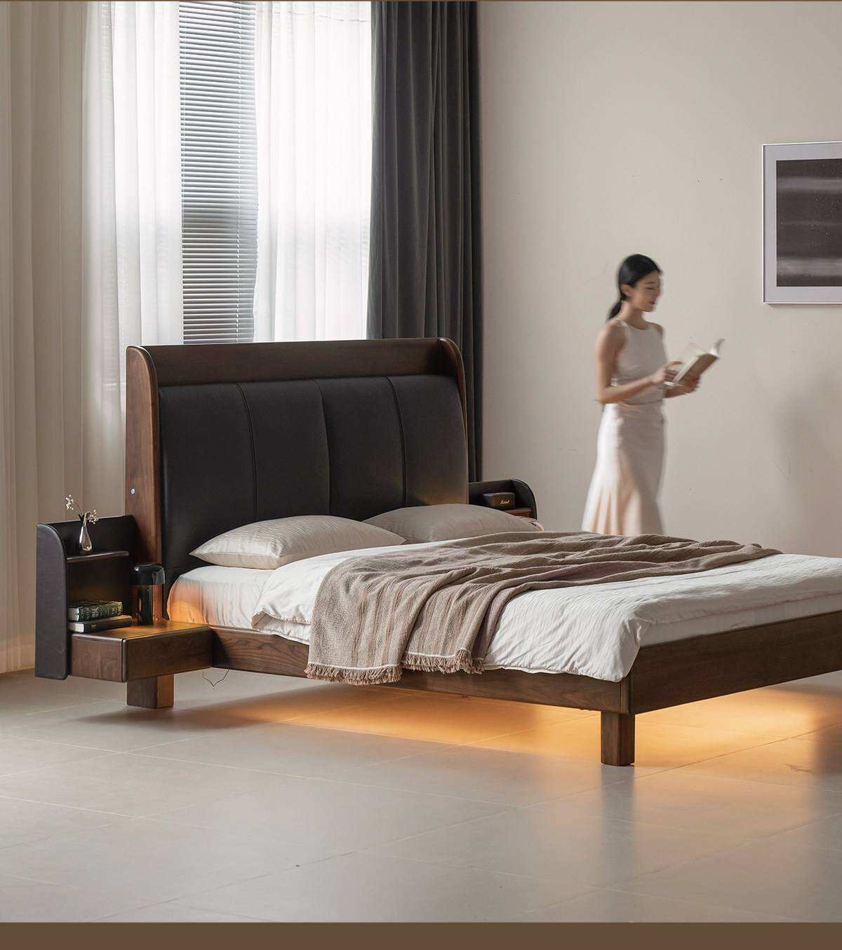 Black Walnut Solid Wood Genuine Leather Curved Leather Bed with Floating Base and LED Lighting
