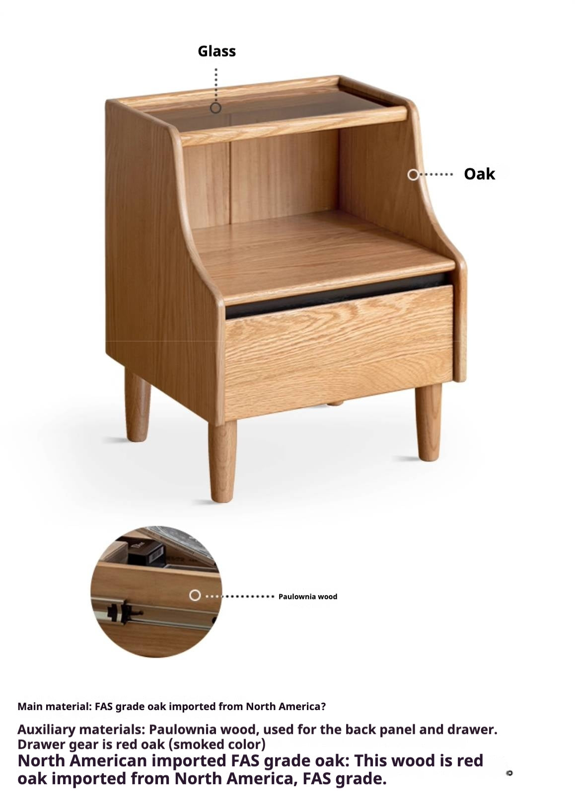 Solid RubberWood, Oak Solid Wood Nightstand with Glass Door with Storage