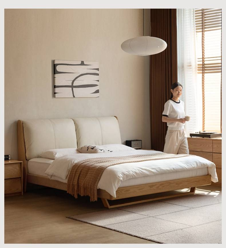 Oak Solid Wood Bed — Italian Light Luxury with White Genuine Leather and Soft Backrest
