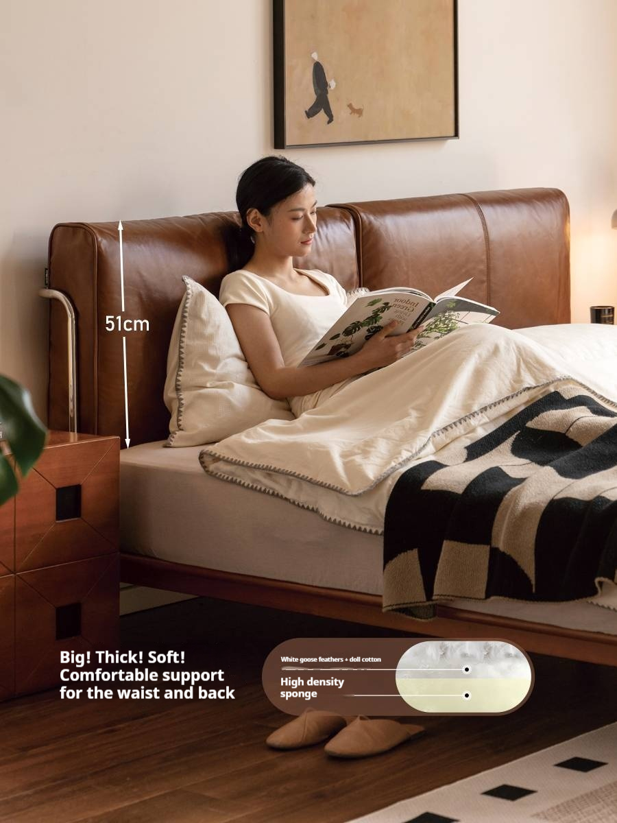 Genuine Leather Bauhaus Style Double Bed with Top Grain Cowhide Soft Backrest