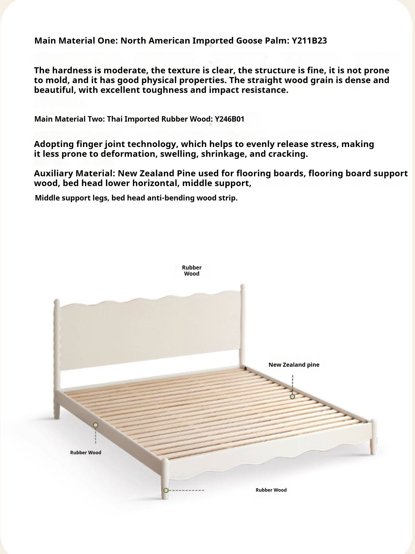 Rubberwood Solid Wood Bed, French Cream Style