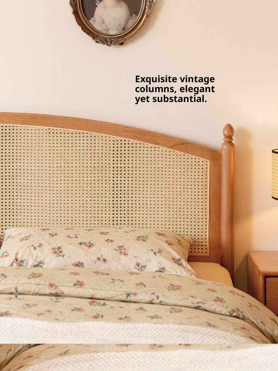 Cherry Solid Wood Rattan Bed Retro