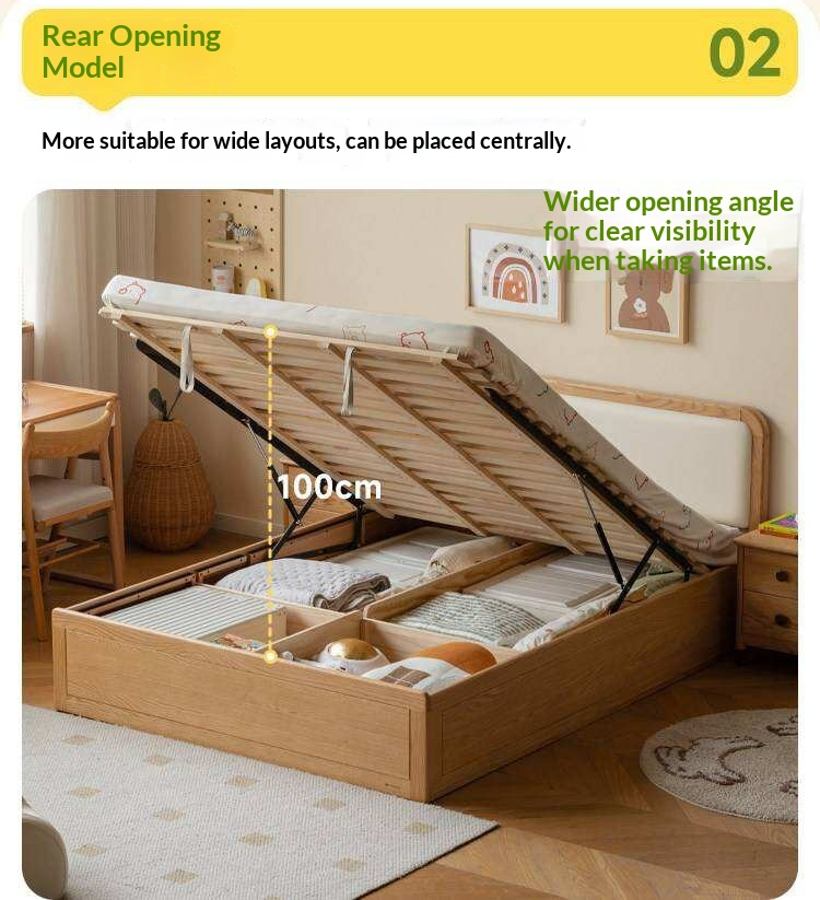 Oak, Rubberwood Solid Wood Upholstered Kids Storage Bed with Gas Lift and Rounded Headboard