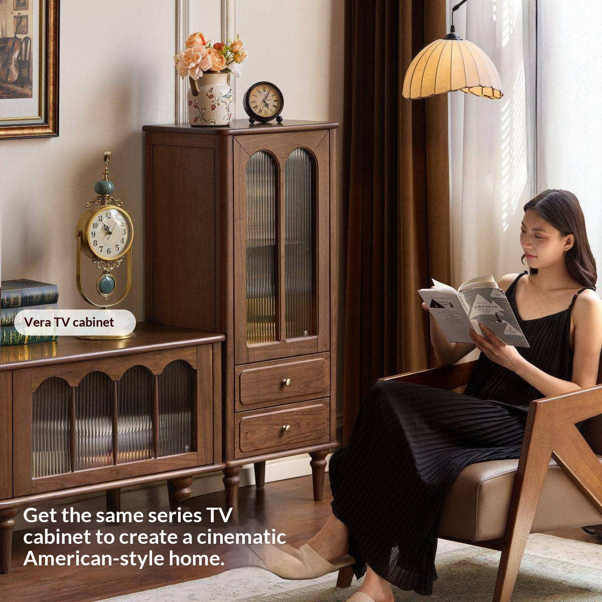 Black Walnut Solid Wood Side Cabinet with Glass Display