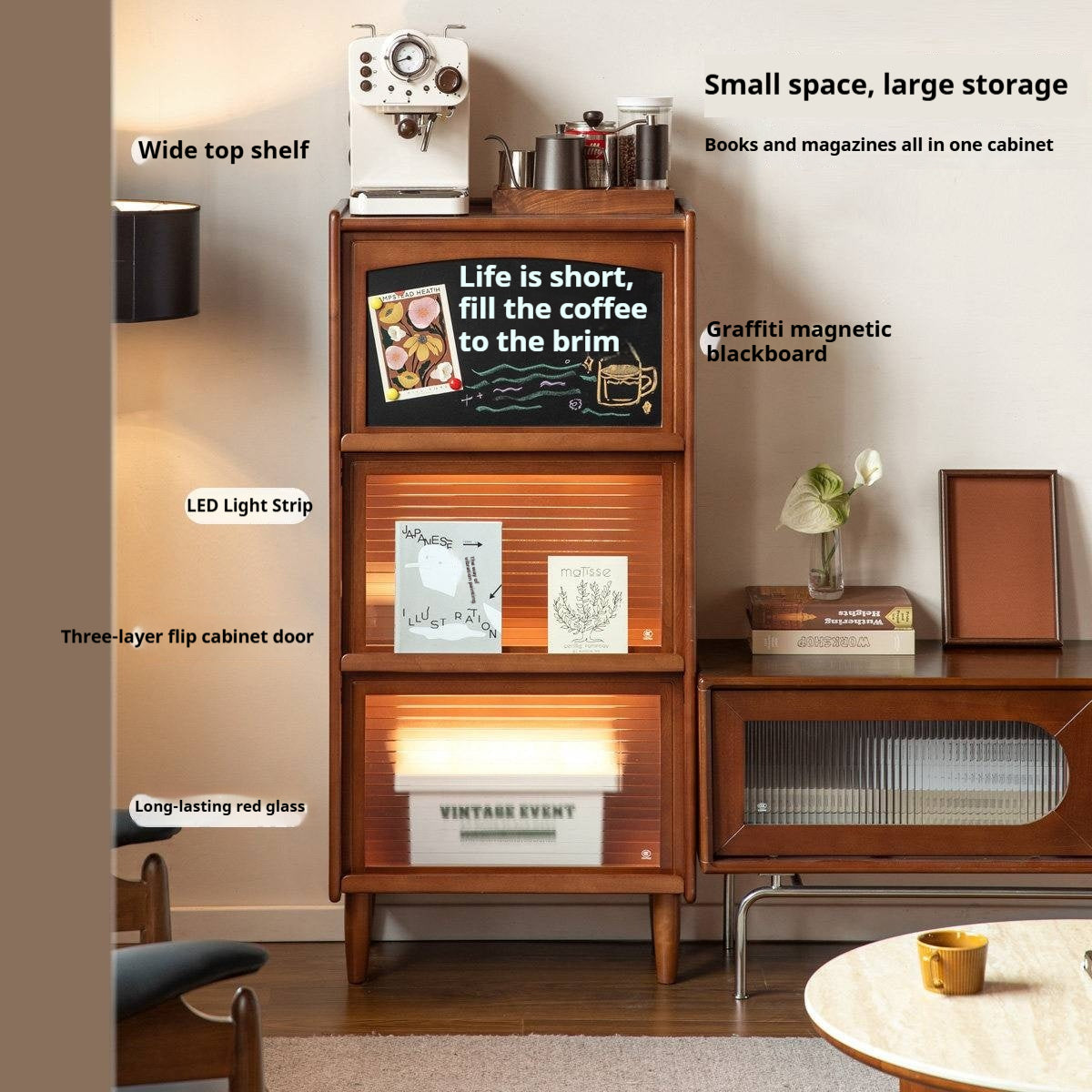 Poplar Solid Wood Vintage Style Flip Door Bookcase