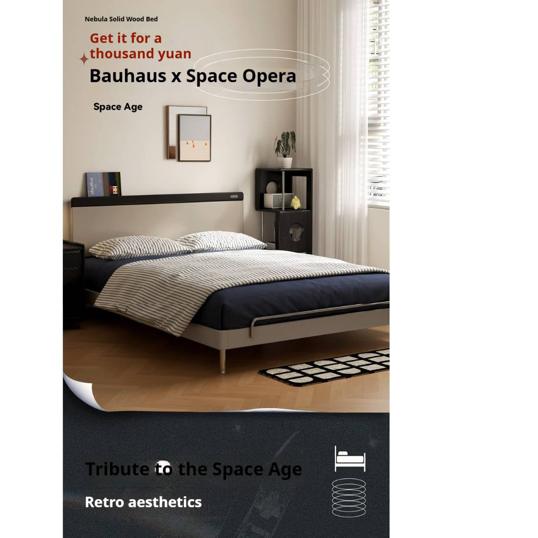 Rubberwood Solid Wood Bauhaus Platform Bed with Adjustable Headboard and Stainless Steel Legs