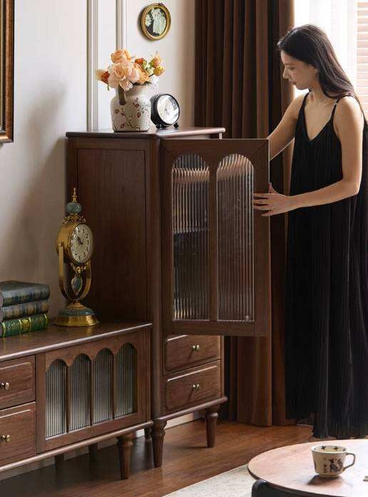 Black Walnut Solid Wood Side Cabinet with Glass Display