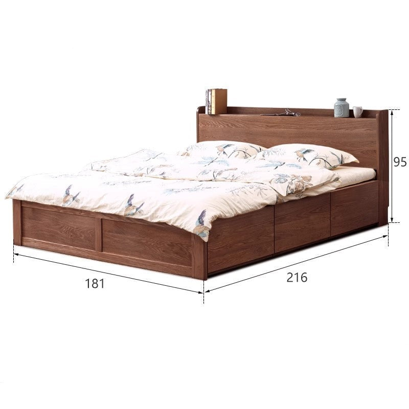 Oak Solid Wood Drawer Storage Bed with Sockets Box Bed