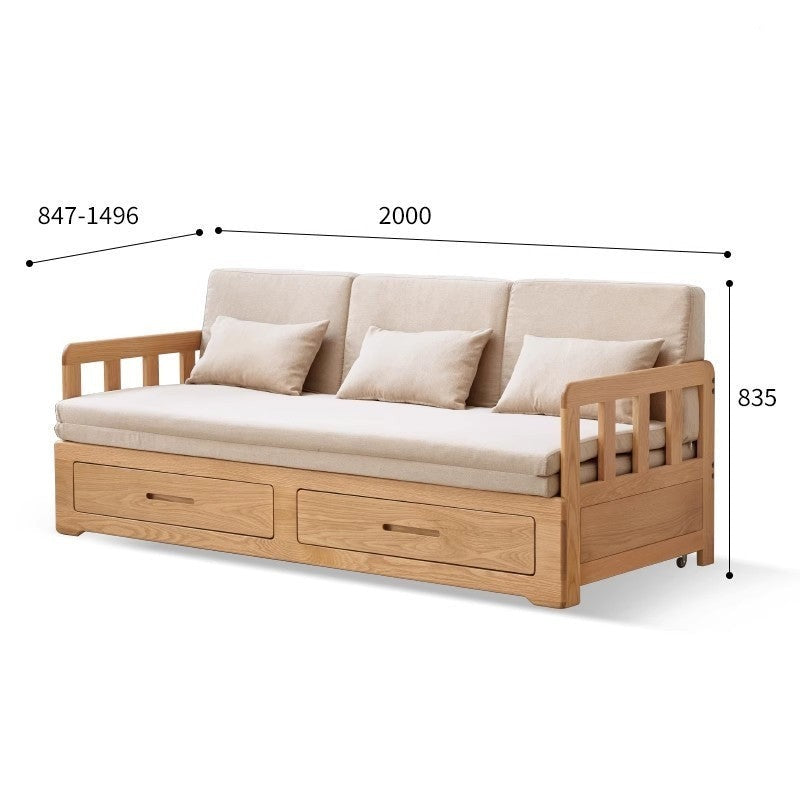Oak Solid Wood Sofa Bed Folding Retractable Storage.