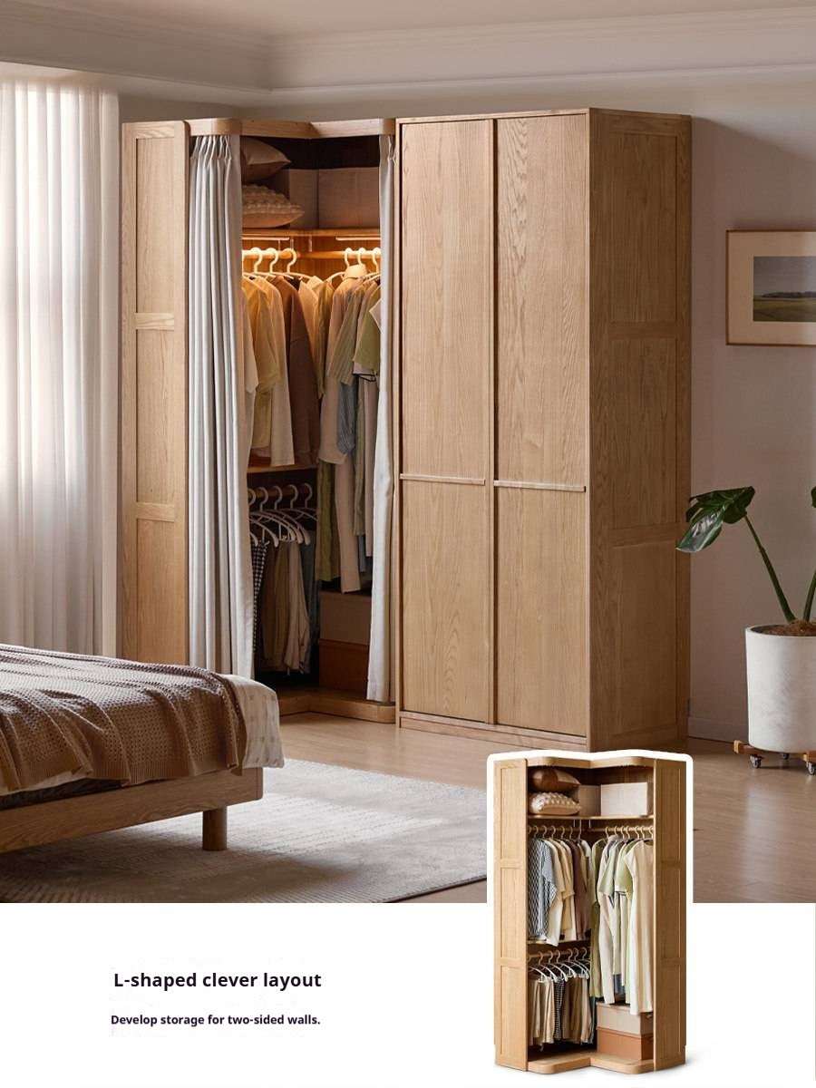 Oak Solid Wood Corner Wardrobe with Removable and Washable Fabric Curtain