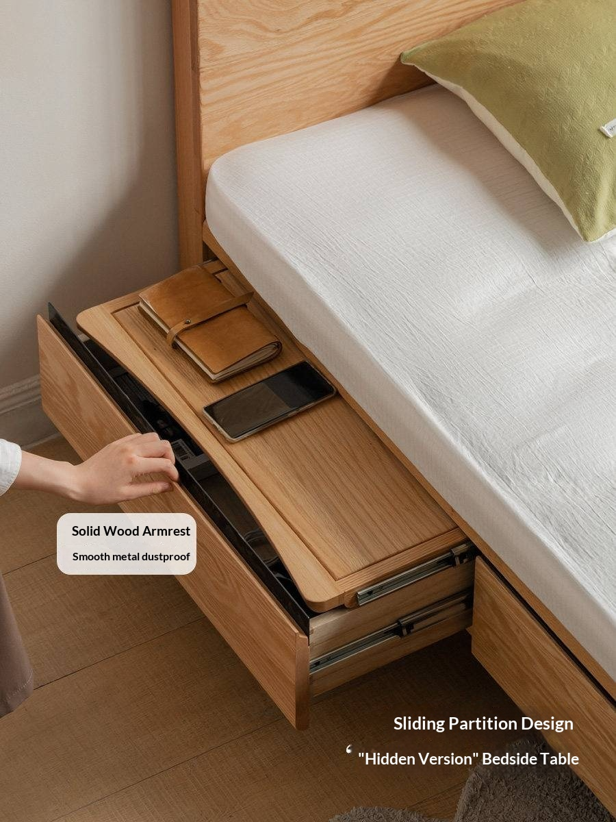 Oak Solid Wood Platform Storage Bed with Hidden Drawers and Bedside Shelf