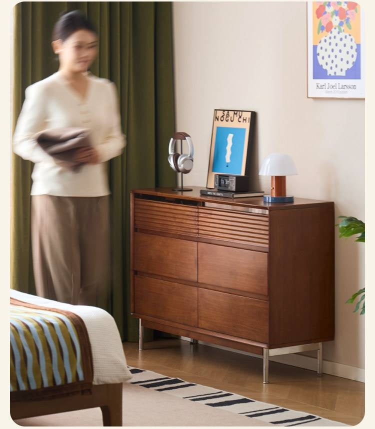 Rubberwood Solid 6-Drawer Dresser, Mid Century Bedroom Storage Cabinet