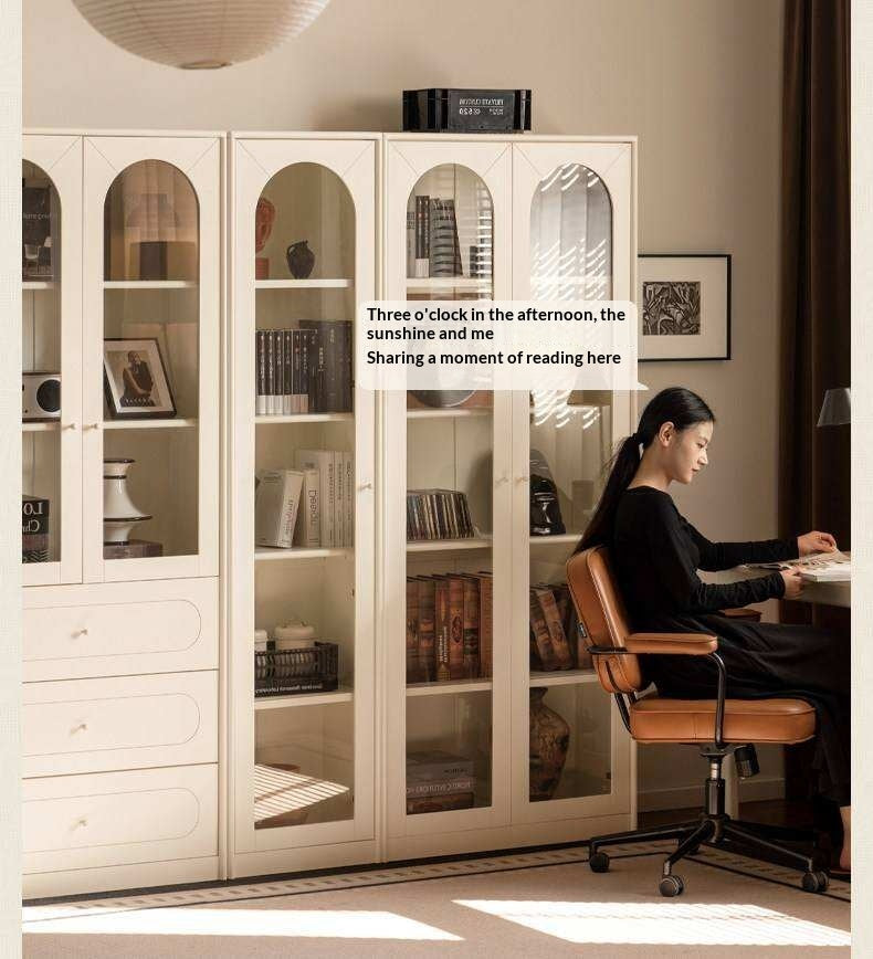 Solid RubberWood Bookcase White With Glass Door French Cream Style