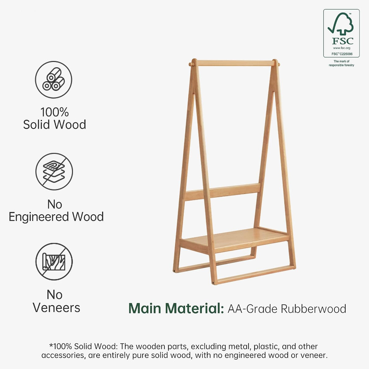 Oak, Rubberwood hanger for small bedroom floor standing storage rack
