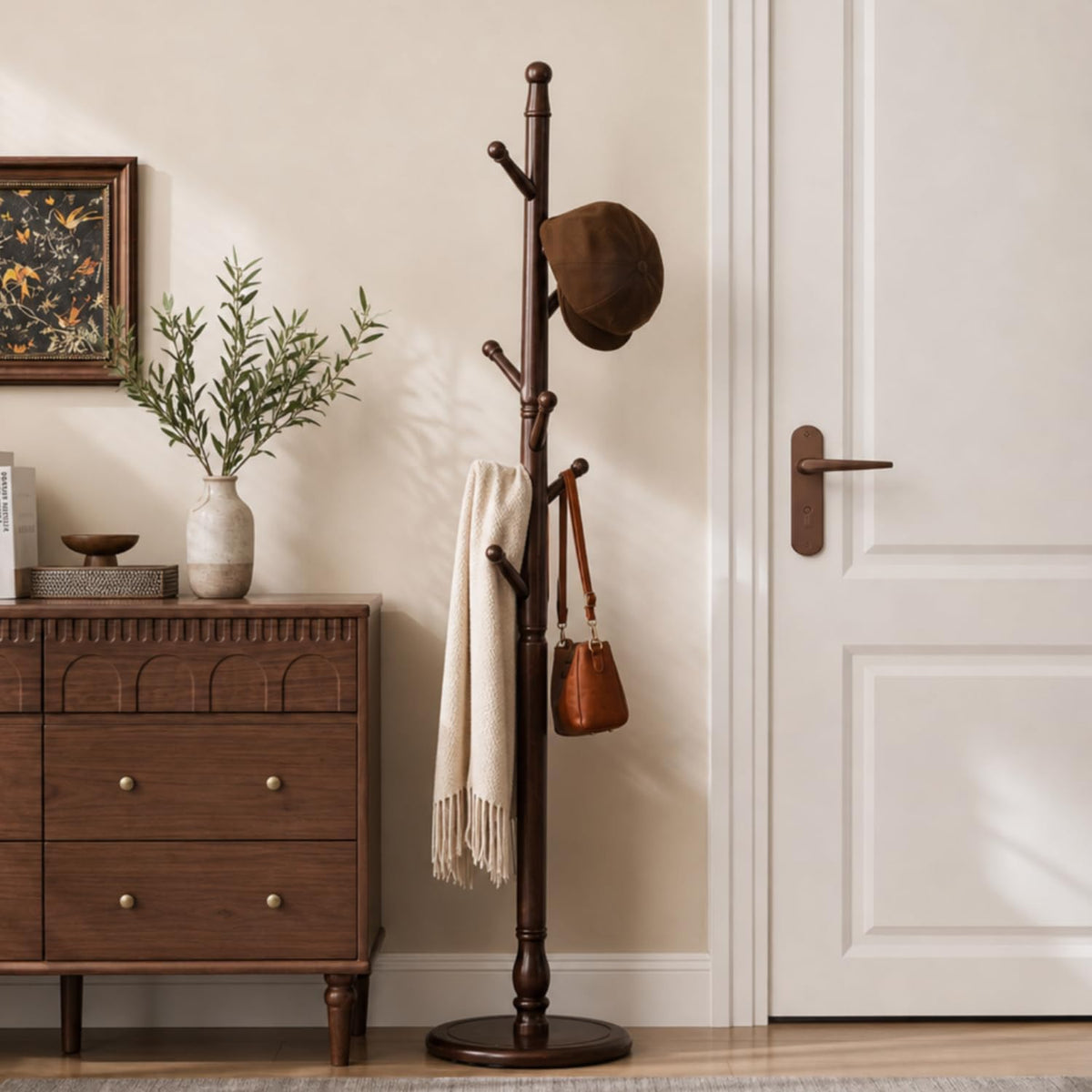 Solid Rubberwood Coat Rack Stand with 8 Hooks
