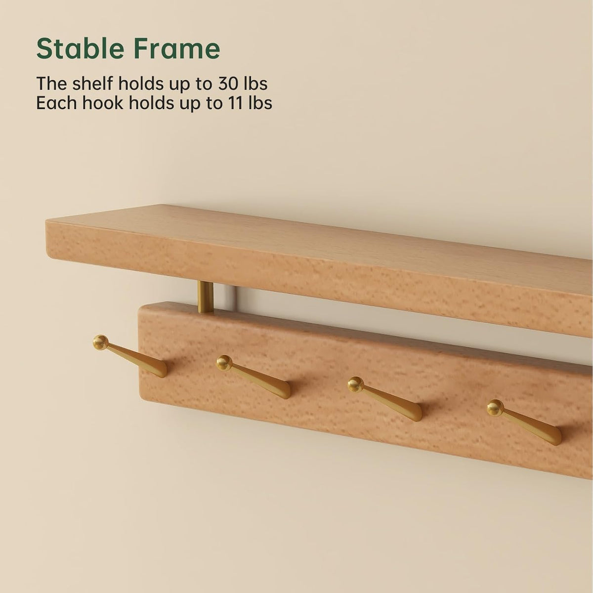 Beech Solid Wood Wall Mounted Coat Rack with Shelf