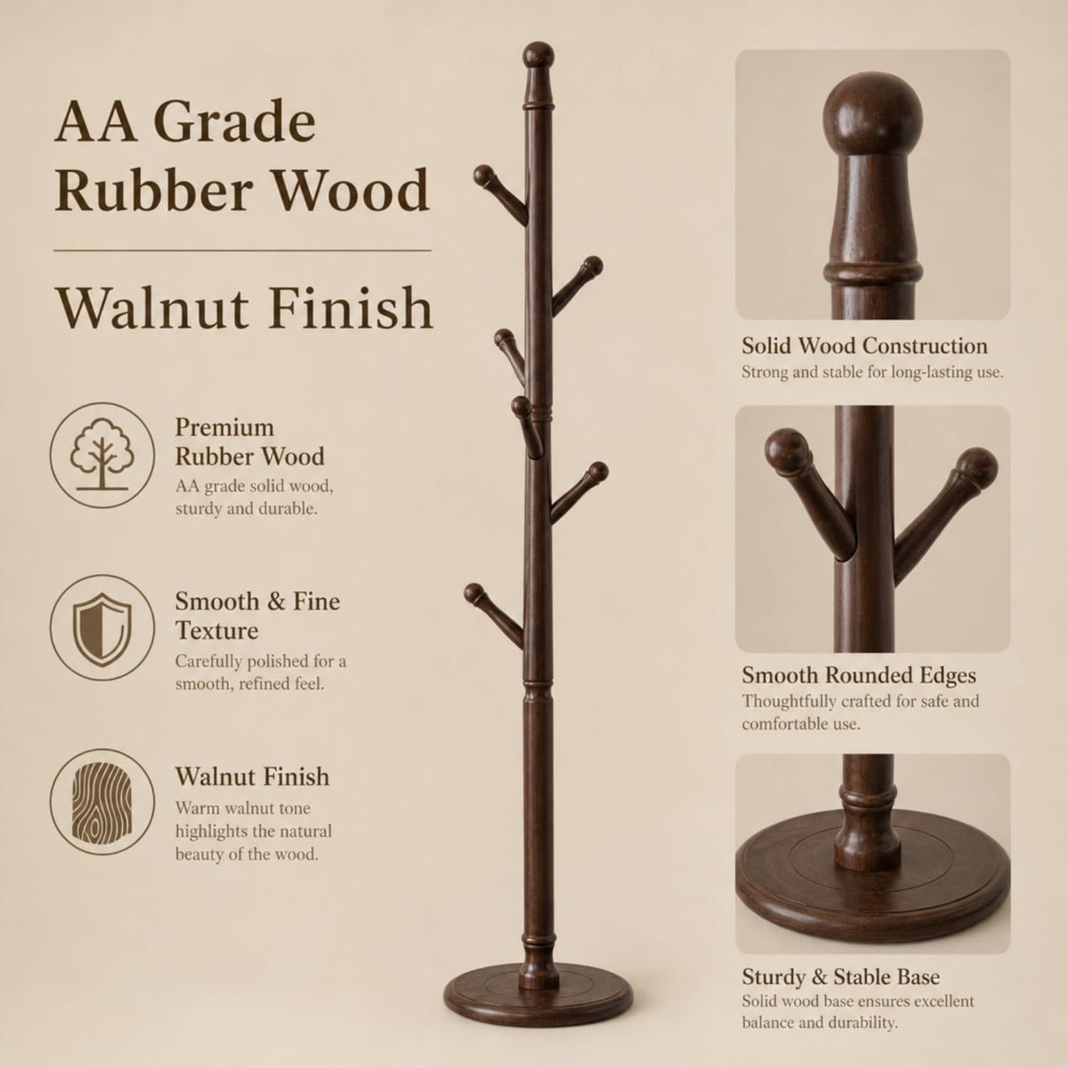 Solid Rubberwood Coat Rack Stand with 8 Hooks
