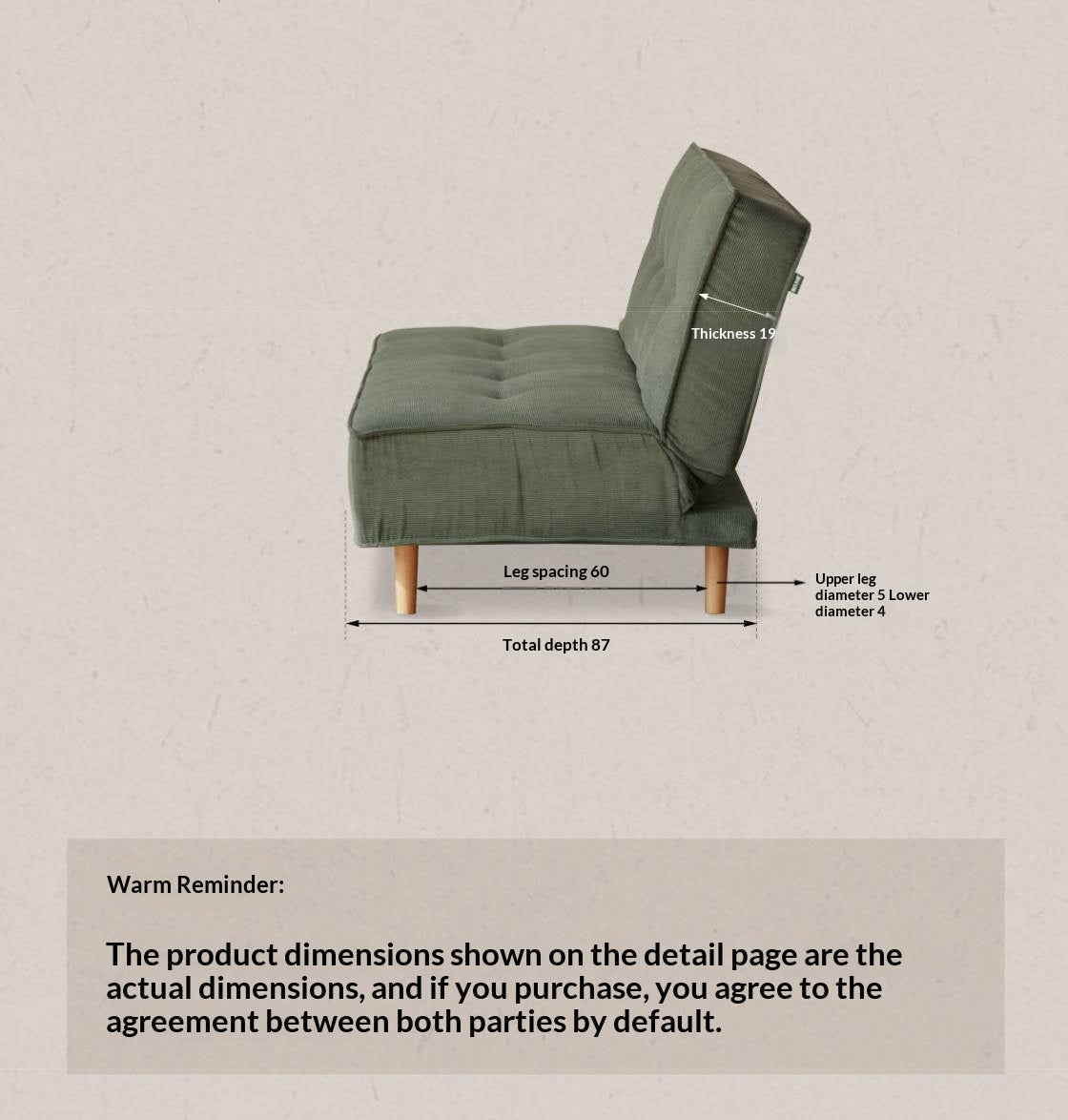 Armless Corduroy Futon Sofa Bed with Adjustable Backrest