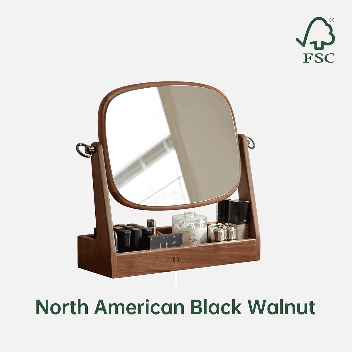 Black Walnut Solid Wood Vanity Makeup Mirror Tabletop