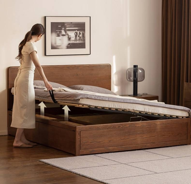 Oak Solid Wood Box Bed, Platform Box Bed, Headboard-Free Bed – Modern Minimalist Style