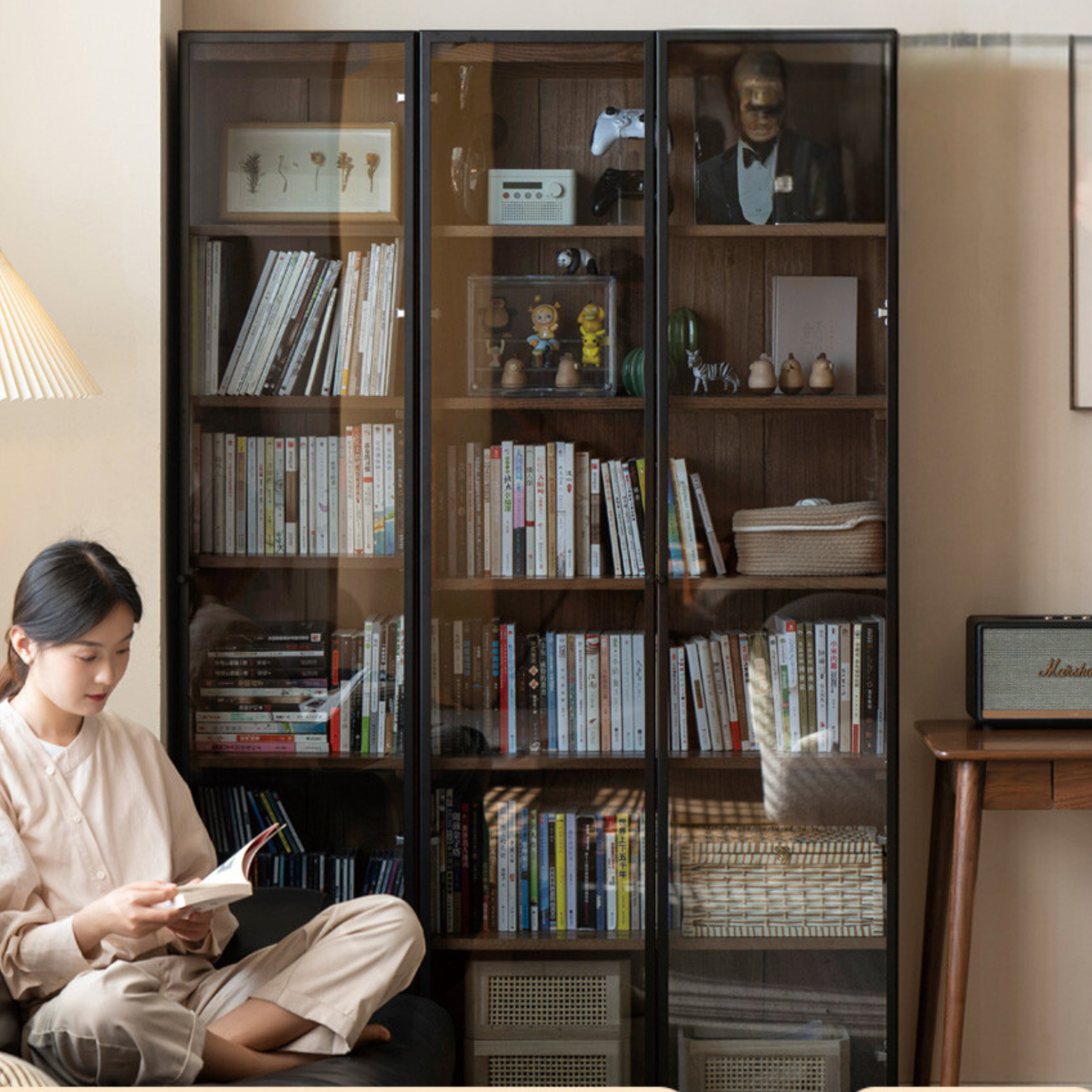 Solid Rubberwood, Oak Solid Wood Bookcase Modern With Glass Door
