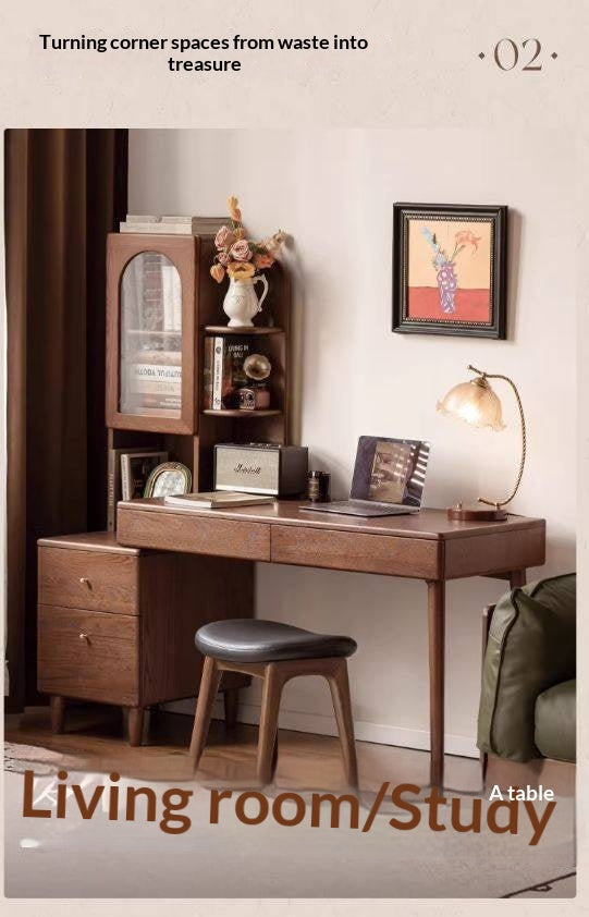 Oak Solid Wood Telescopic Desk with Integrated Bookshelf