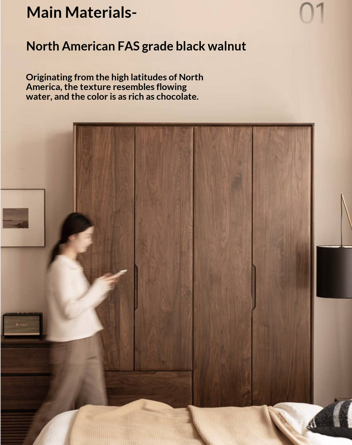 Black Walnut, Sandalwood Solid Wood Large Wardrobe