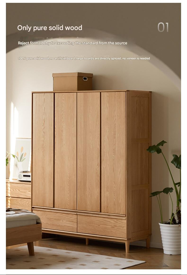 Oak Solid Wood Wardrobe Armoire with Hidden Groove Pulls and Raised Legs